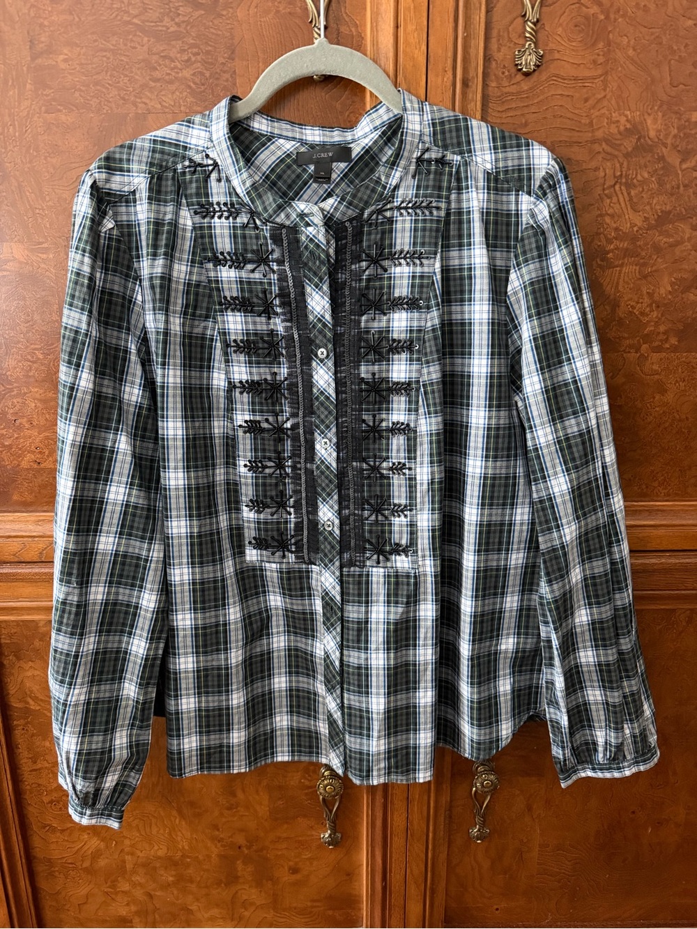 J. Crew Black and White Plaid Embroidered Button-Down Top